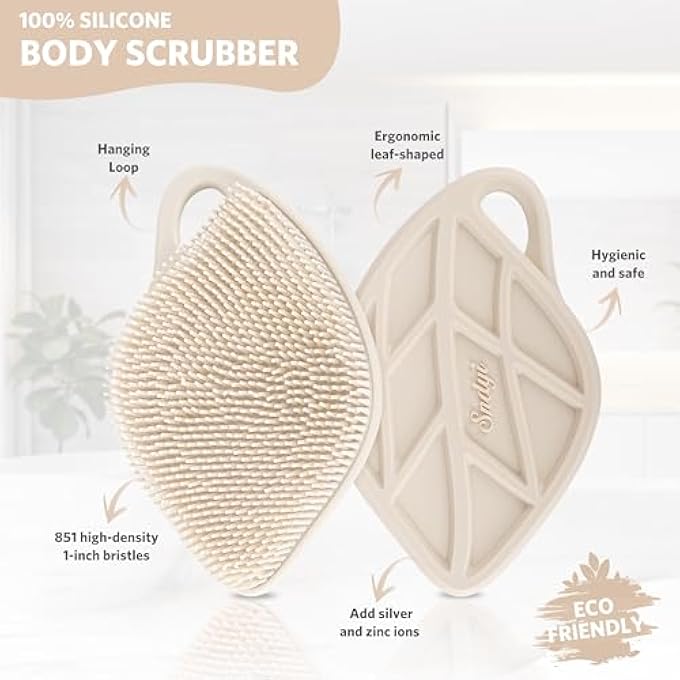 Sndyi Silicone Body Scrubber, Gentle Exfoliating Body Scrubber for Sensitive Skin, Leaf Shaped Shower Scrubber for Body with Lathering Bristles, Silicone Loofah Body Brush for Showering, Oatmeal - Image 2